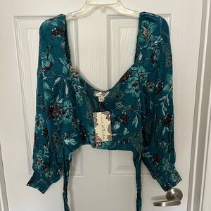 FINAL PRICE Band of Gypsies Teal Floral Tie-Front Blouse